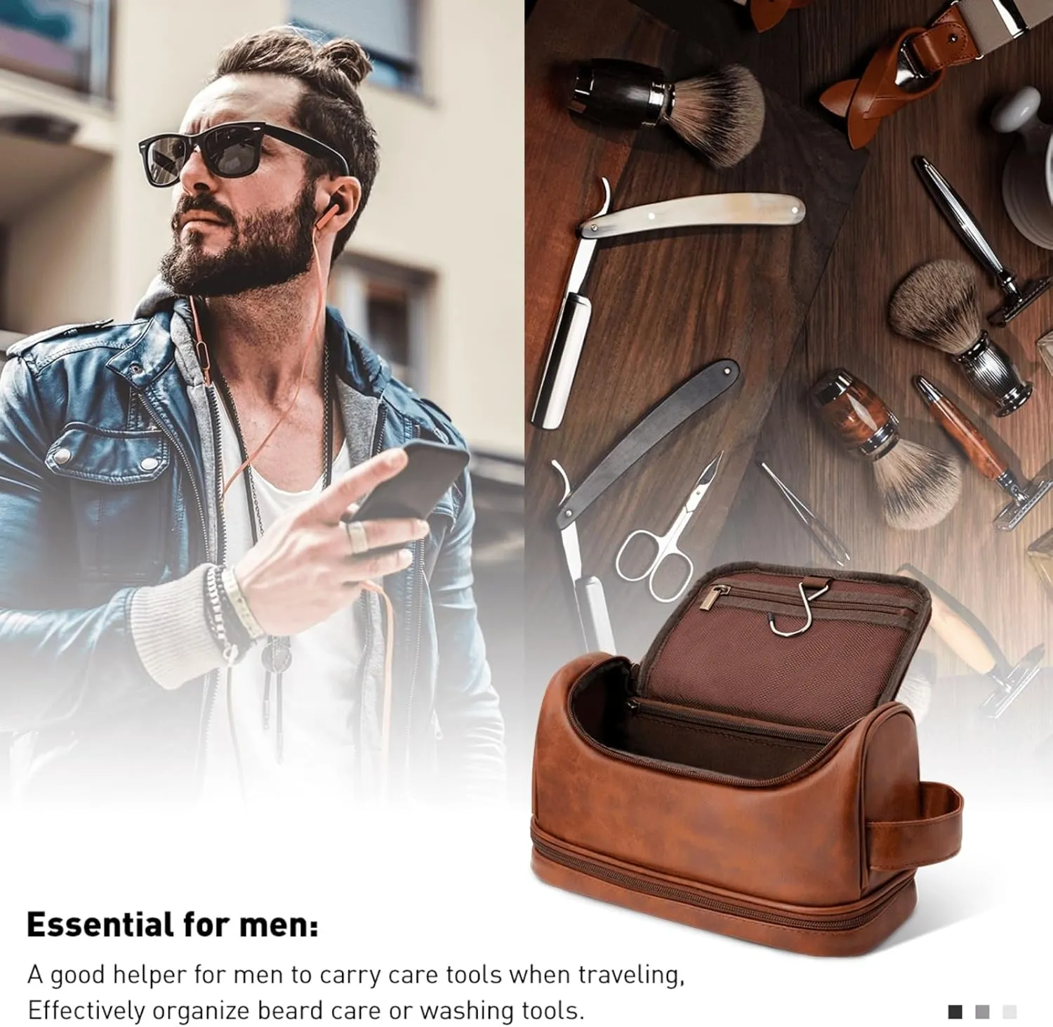 Customized Toiletry Bag Hanging Travel Organizer for Men, Personalized Large Capacity Bag Engraved Name Text, Custom Waterproof Leather Bathroom Dopp Shaving Kit Birthday Groomsmen Wedding Gift