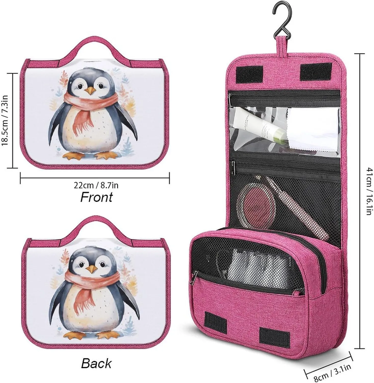 Cute Cartoon Penguin Travel Toiletry Bag for Women,Hanging Toiletry Organizer with Hook, Makeup Bag Travel Organizer for Shampoo,Toiletriesl
