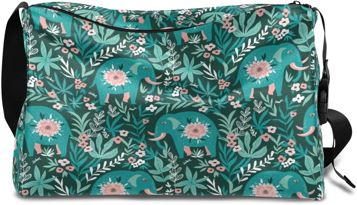Cute Elephant Flower Small Gym Bag for Men Women Workout Sport Duffle Bag Waterproof Weekender Overnight Bag Lightweight Carry on Tote Bag Crossbody Shoulder Travel Bag for Swim Yoge Dance
