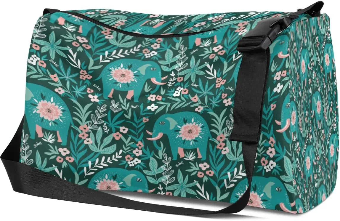 Cute Elephant Flower Small Gym Bag for Men Women Workout Sport Duffle Bag Waterproof Weekender Overnight Bag Lightweight Carry on Tote Bag Crossbody Shoulder Travel Bag for Swim Yoge Dance