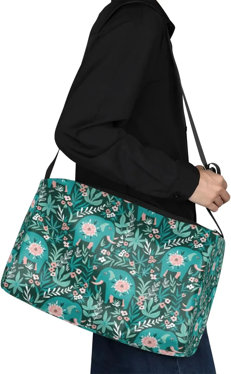 Cute Elephant Flower Small Gym Bag for Men Women Workout Sport Duffle Bag Waterproof Weekender Overnight Bag Lightweight Carry on Tote Bag Crossbody Shoulder Travel Bag for Swim Yoge Dance