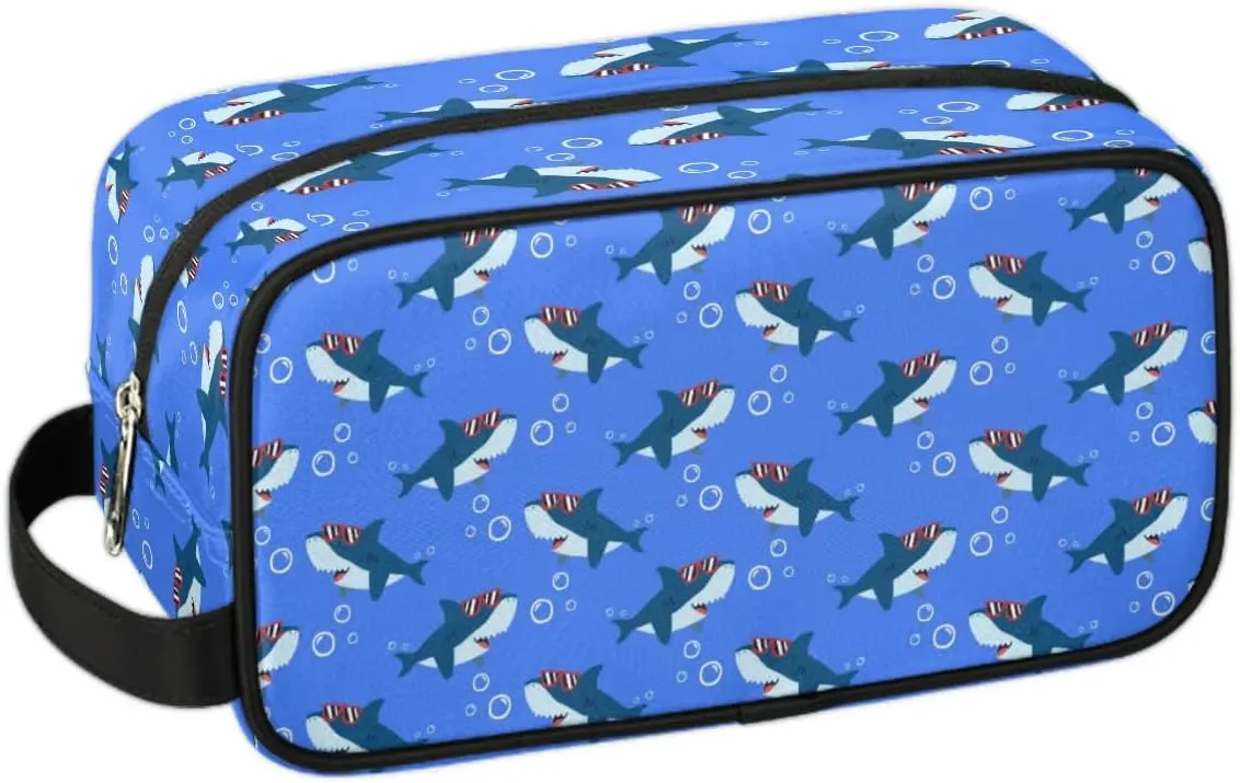 Cute Shark Travel Toiletry Bag Kit for Men Ocean Animal Cosmetic Makeup Bag for Boys Waterproof Shaving Bag Hanging Wash Bag Organizer for Toiletries Accessories