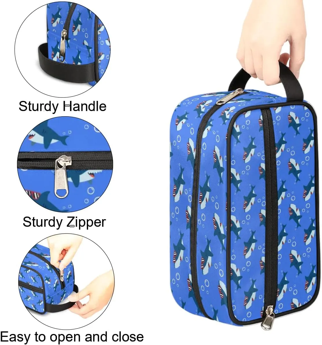 Cute Shark Travel Toiletry Bag Kit for Men Ocean Animal Cosmetic Makeup Bag for Boys Waterproof Shaving Bag Hanging Wash Bag Organizer for Toiletries Accessories
