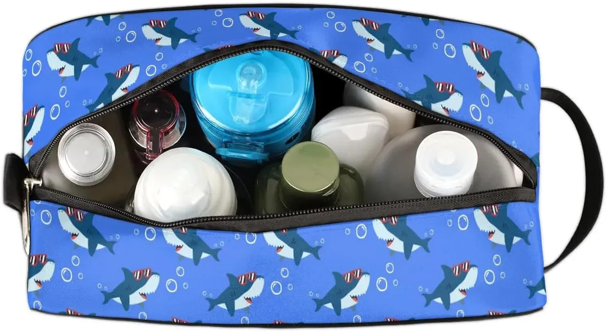 Cute Shark Travel Toiletry Bag Kit for Men Ocean Animal Cosmetic Makeup Bag for Boys Waterproof Shaving Bag Hanging Wash Bag Organizer for Toiletries Accessories