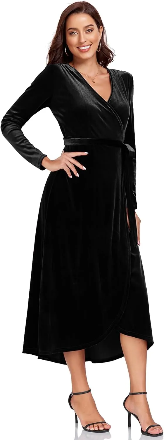 CYCLAMEN 2023 Velvet Wrap Dress V Neck Ruffle Sleeves Long Maxi Elegant Party Wedding Guest Cocktail Dress