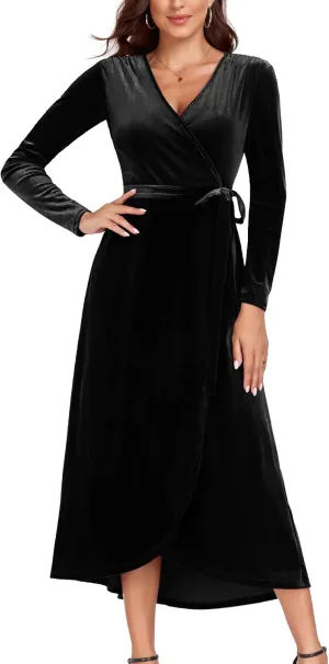 CYCLAMEN 2023 Velvet Wrap Dress V Neck Ruffle Sleeves Long Maxi Elegant Party Wedding Guest Cocktail Dress