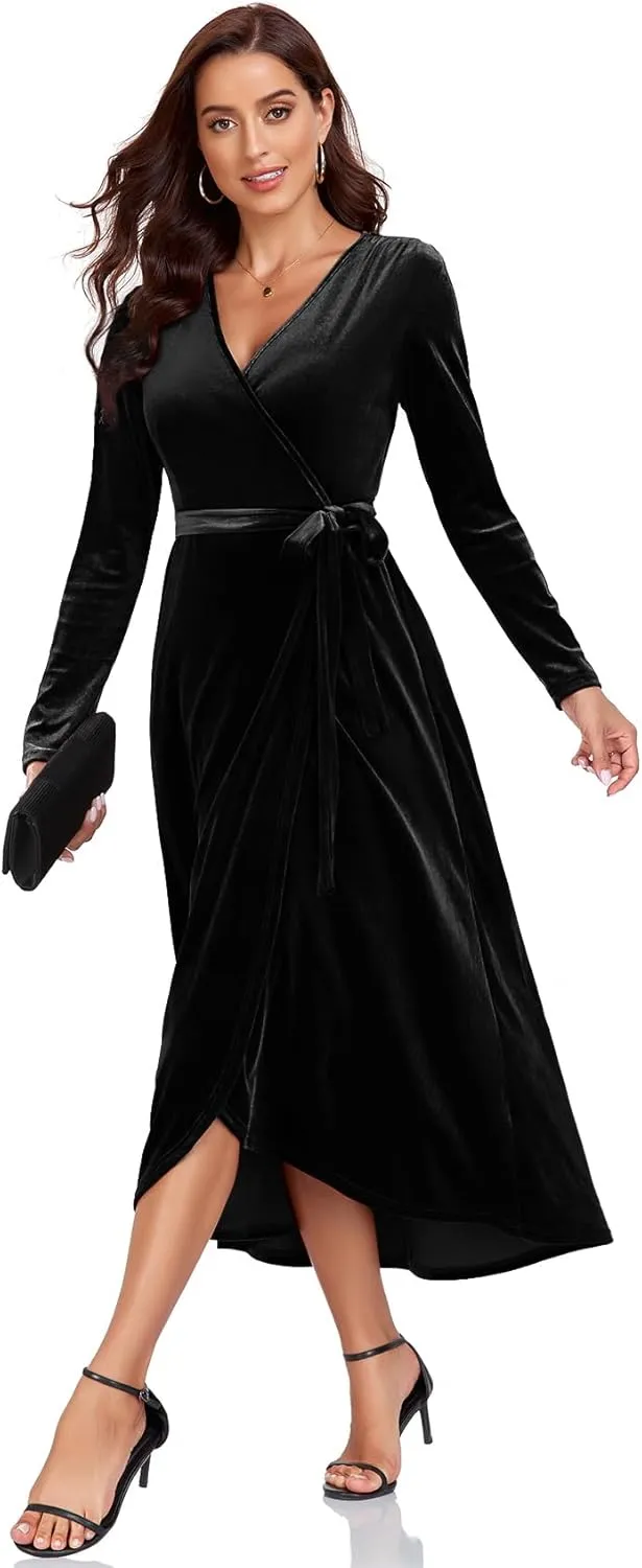 CYCLAMEN 2023 Velvet Wrap Dress V Neck Ruffle Sleeves Long Maxi Elegant Party Wedding Guest Cocktail Dress