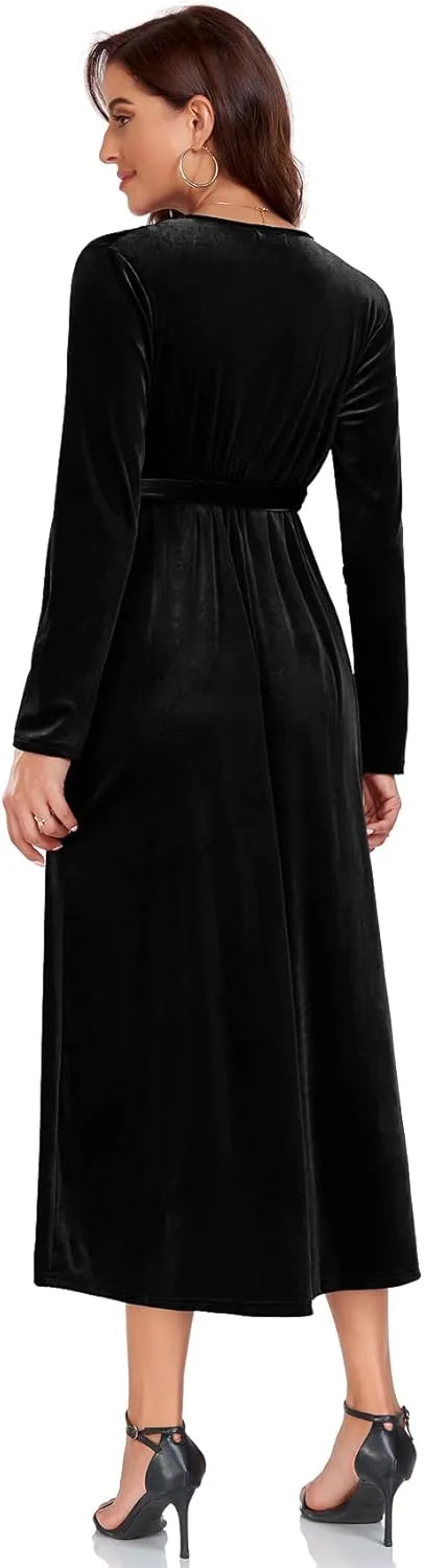 CYCLAMEN 2023 Velvet Wrap Dress V Neck Ruffle Sleeves Long Maxi Elegant Party Wedding Guest Cocktail Dress
