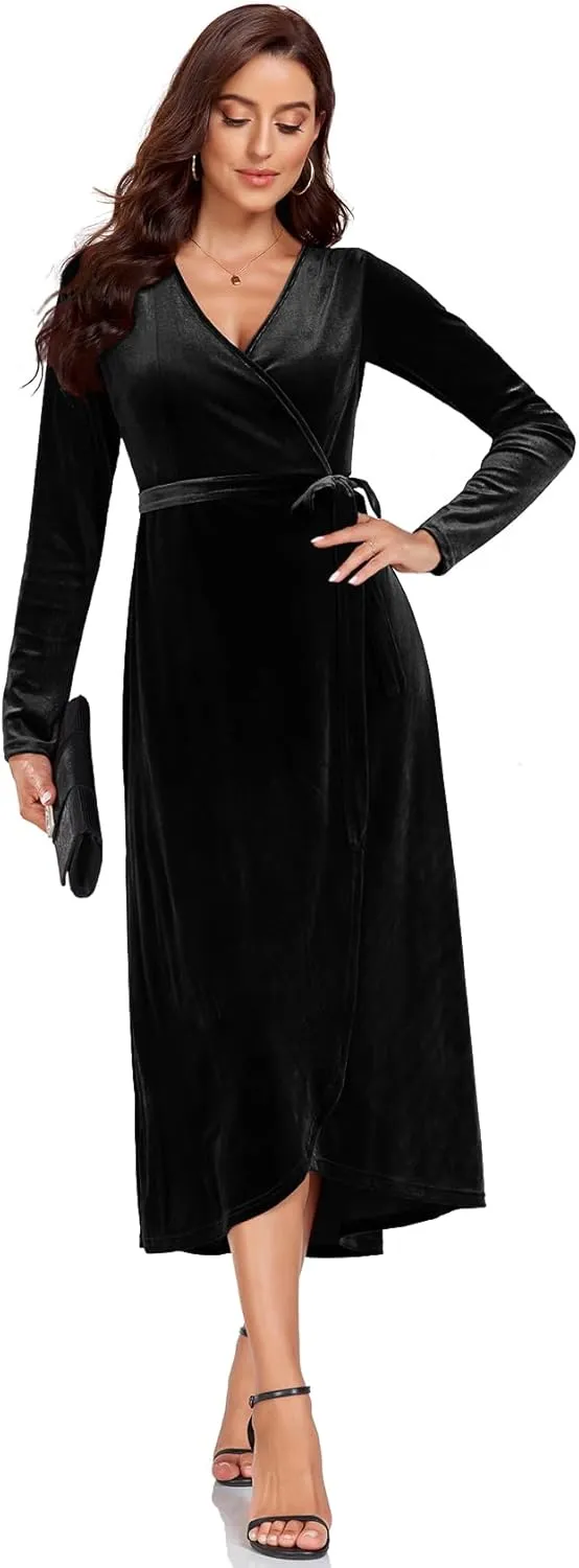 CYCLAMEN 2023 Velvet Wrap Dress V Neck Ruffle Sleeves Long Maxi Elegant Party Wedding Guest Cocktail Dress