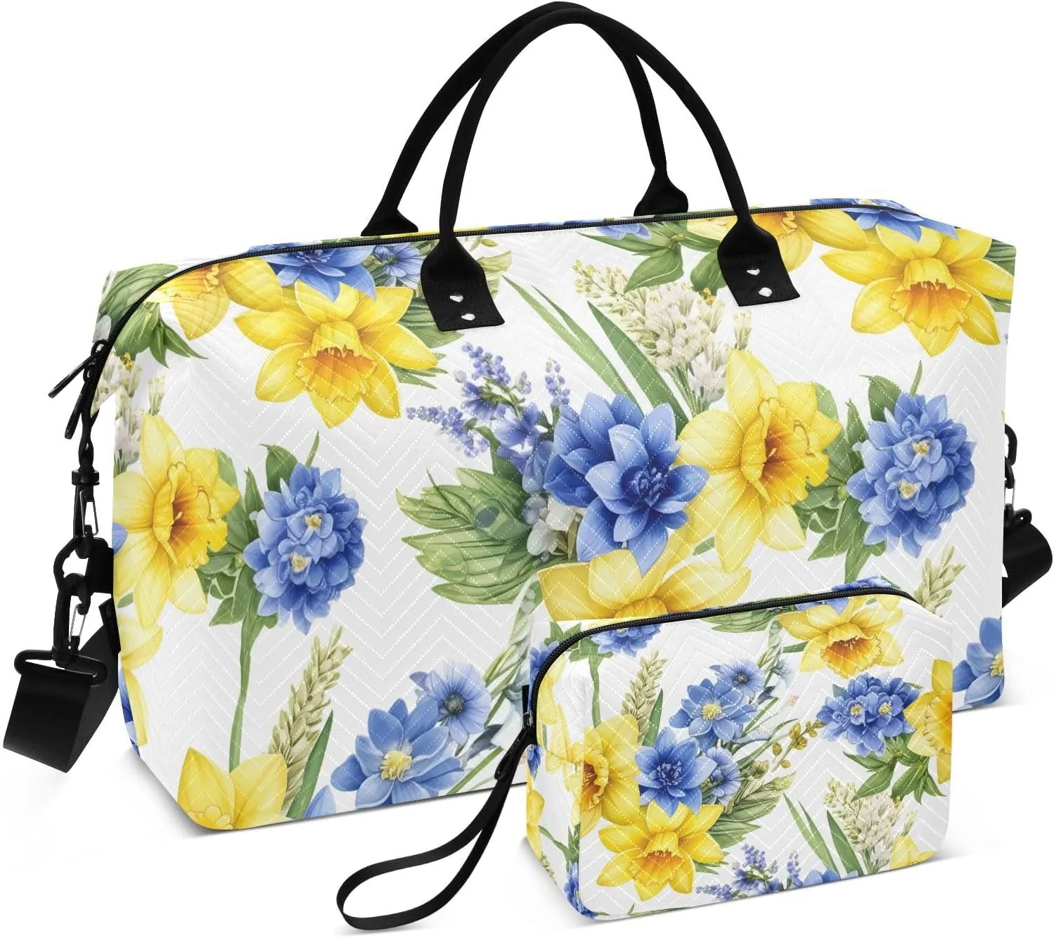 Daffodil Dahlia Floral White Sports Gym Bag for Women Men Travel Duffel Bag Weekend Overnight Carry on Bag with Toiletry Bag Training Handbag for Yoga Workout Swimming Hospital Plane