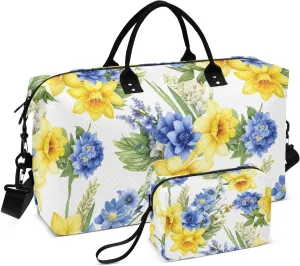 Daffodil Dahlia Floral White Sports Gym Bag for Women Men Travel Duffel Bag Weekend Overnight Carry on Bag with Toiletry Bag Training Handbag for Yoga Workout Swimming Hospital Plane