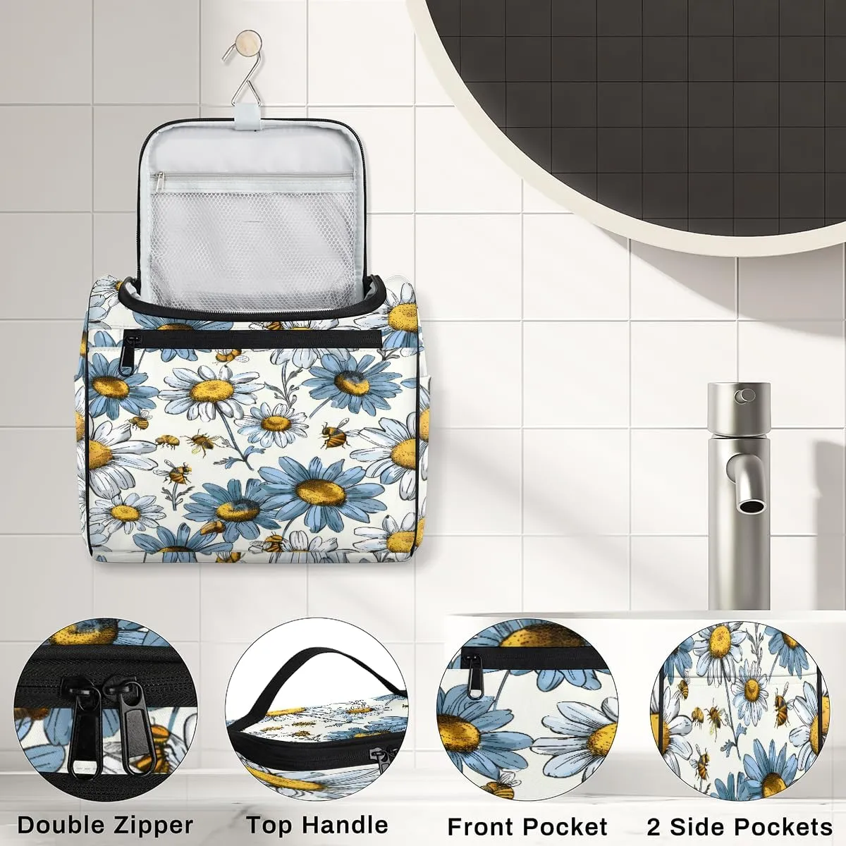 Daisy Bee Travel Toiletry Bag for Men and Women, Large Hanging Makeup Bag Organizer Toiletries Bag for Travel, Cosmetic Bag with Handle