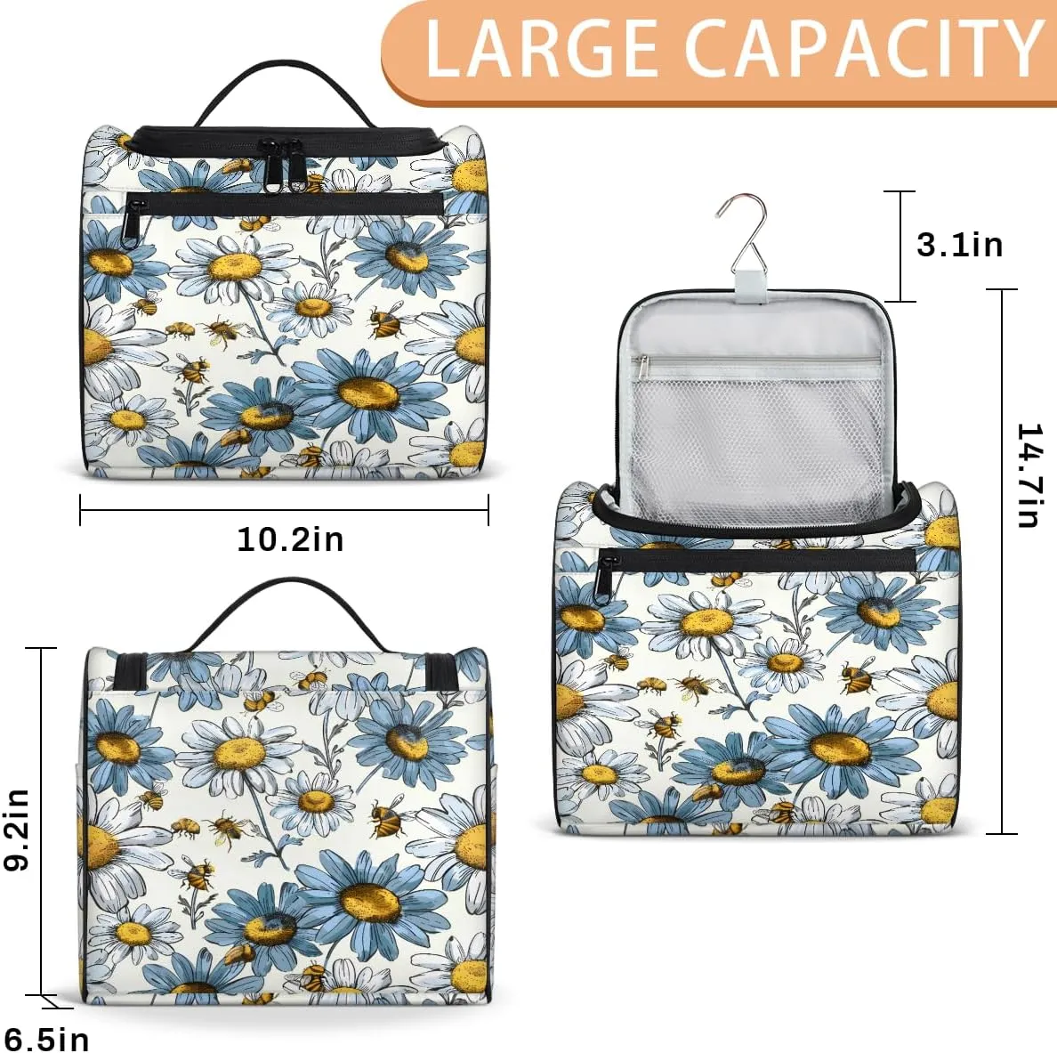 Daisy Bee Travel Toiletry Bag for Men and Women, Large Hanging Makeup Bag Organizer Toiletries Bag for Travel, Cosmetic Bag with Handle