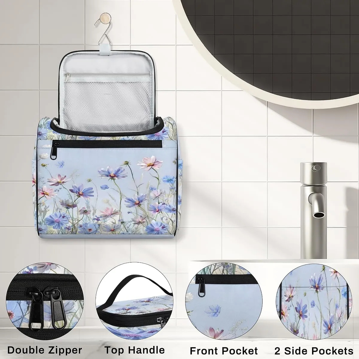 Daisy Floral Spring Travel Toiletry Bag for Men and Women, Large Hanging Makeup Bag Organizer Toiletries Bag for Travel, Cosmetic Bag with Handle