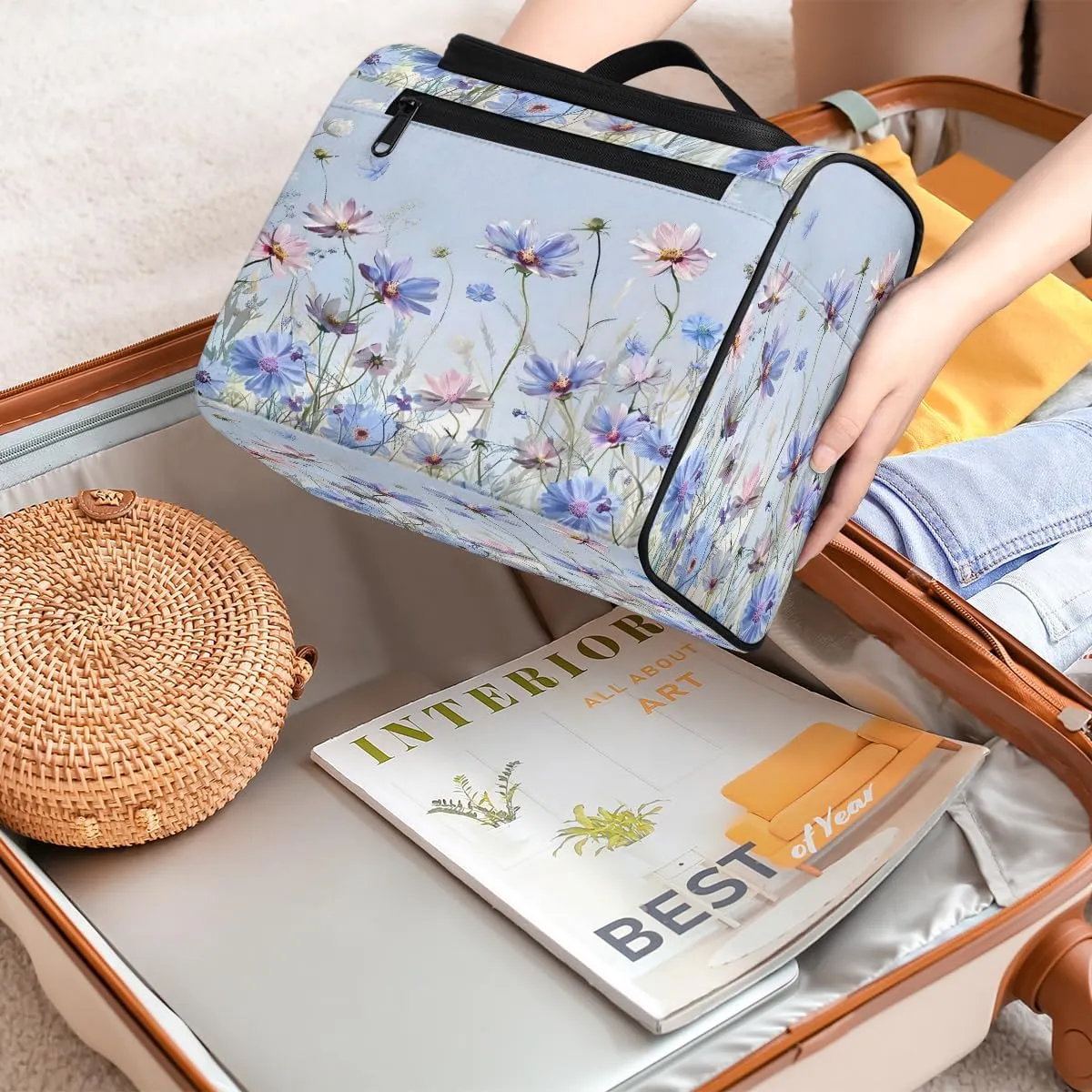 Daisy Floral Spring Travel Toiletry Bag for Men and Women, Large Hanging Makeup Bag Organizer Toiletries Bag for Travel, Cosmetic Bag with Handle