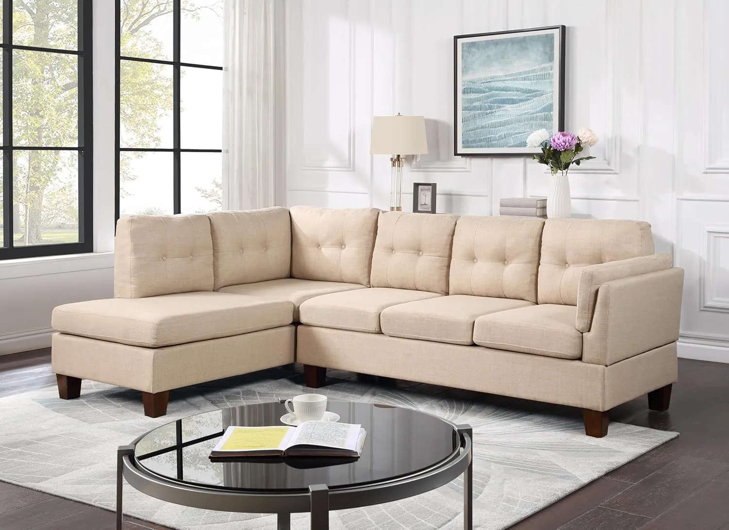 Dalia 97" W Khaki Linen Modern Sectional Sofa with Left Facing Chaise