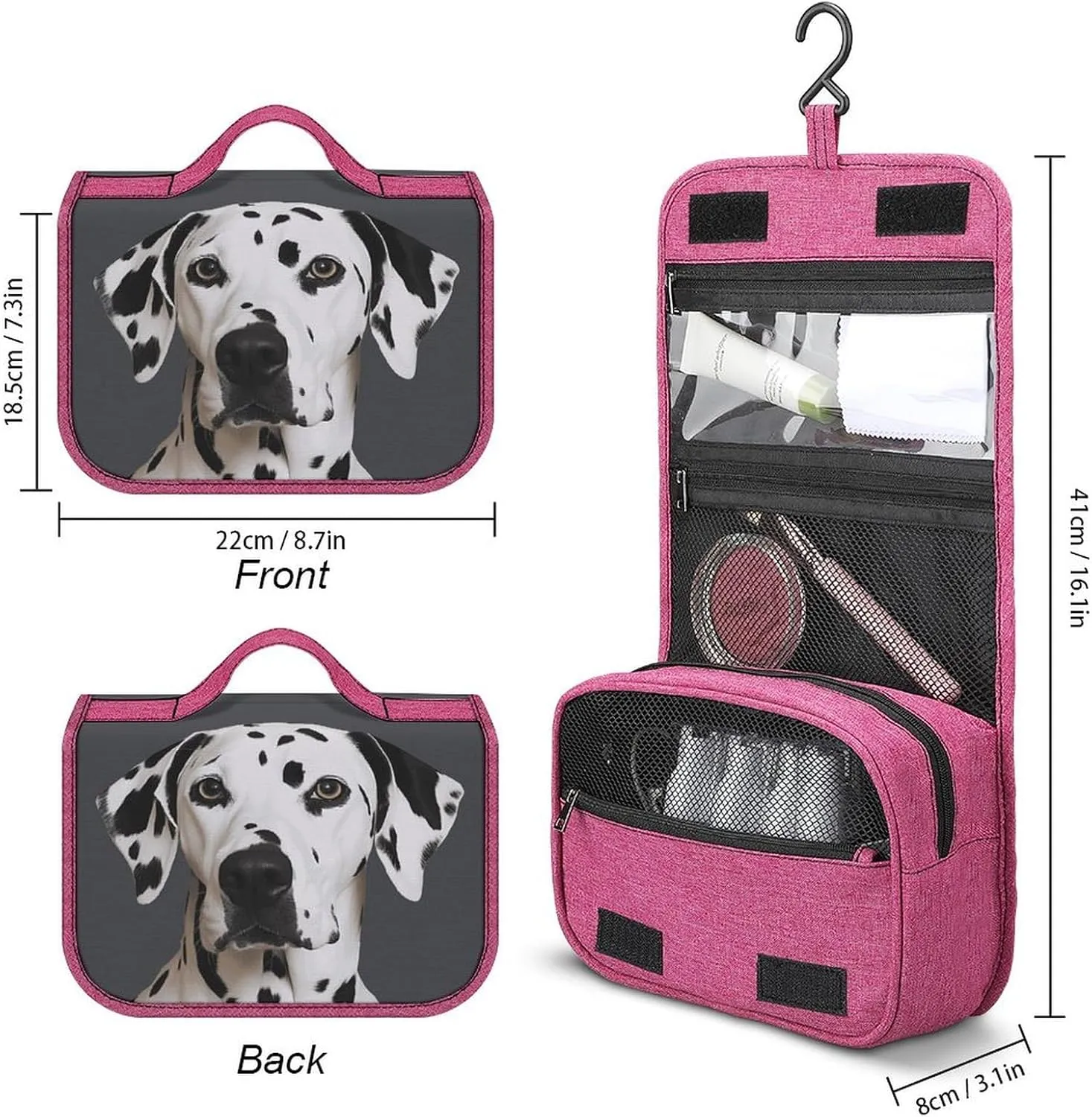 Dalmatian Travel Toiletry Bag for Women,Hanging Toiletry Organizer with Hook, Makeup Bag Travel Organizer for Shampoo,Toiletriesl
