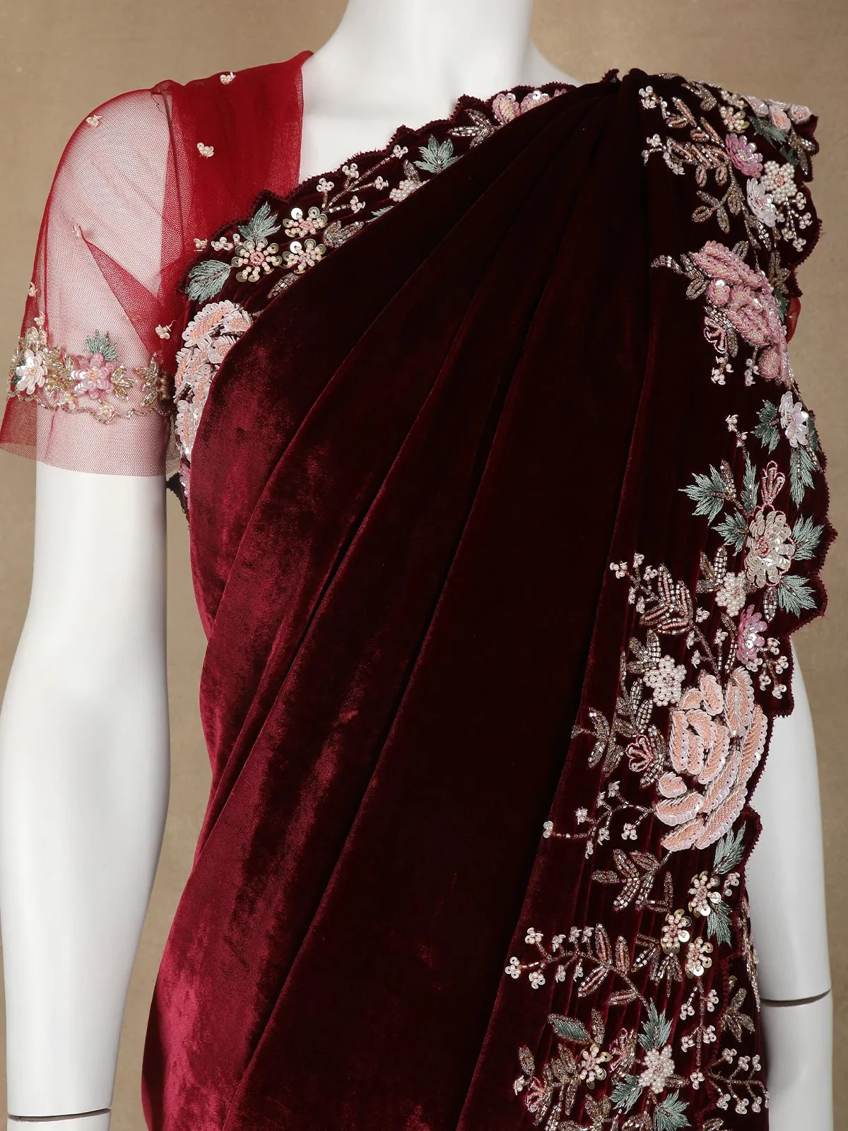 Dark Red Floral Embroidered Velvet Designer Saree