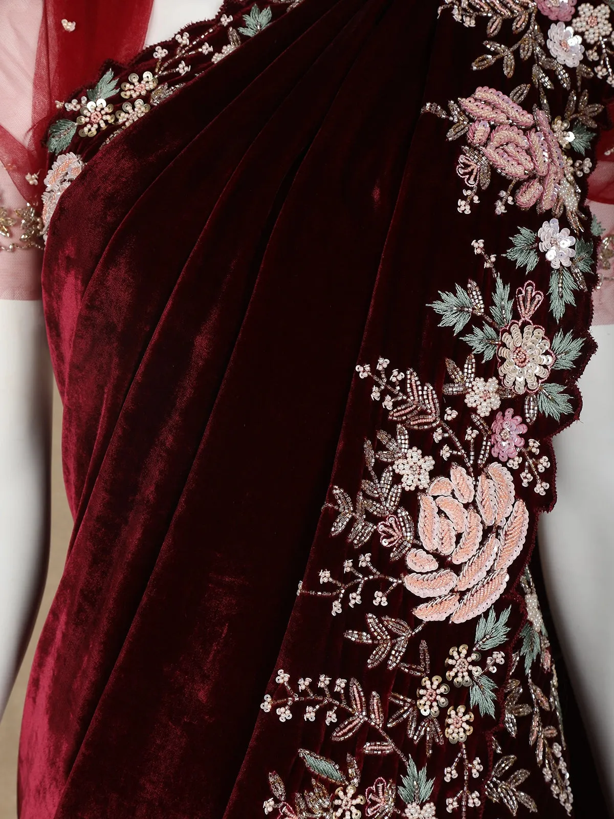 Dark Red Floral Embroidered Velvet Designer Saree