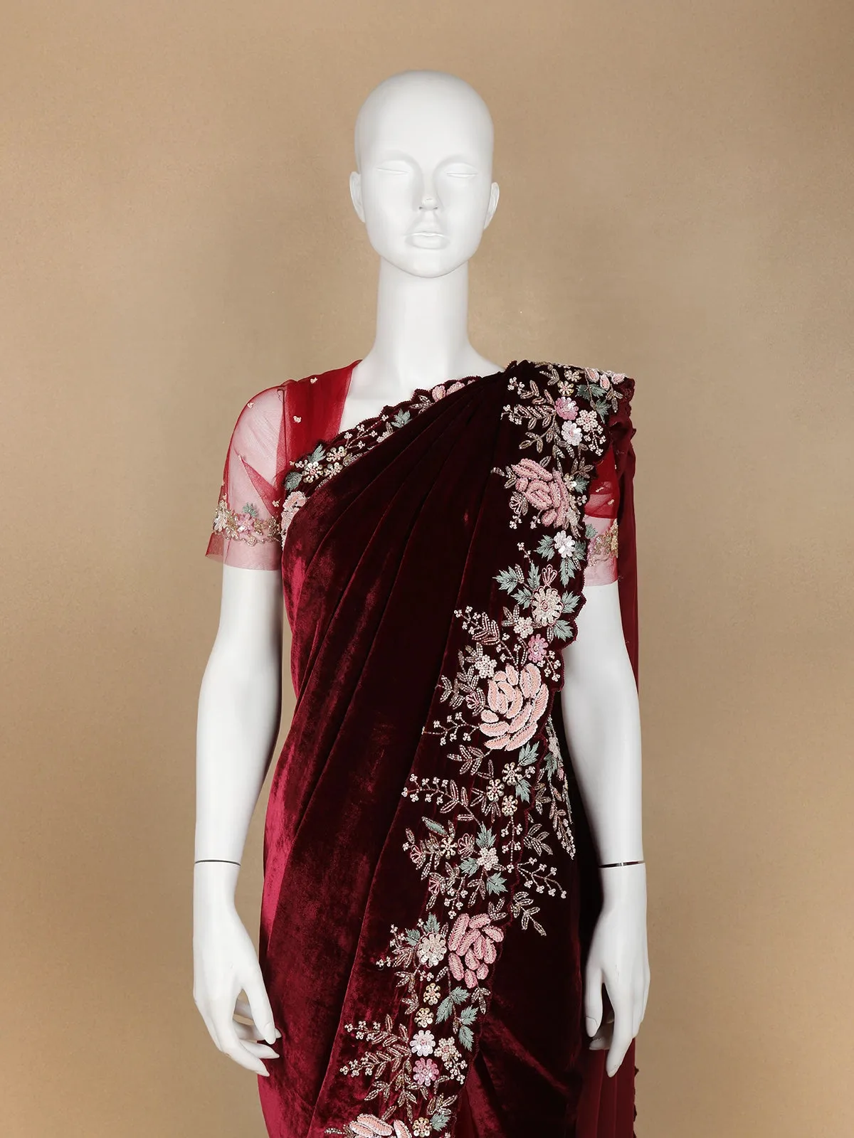 Dark Red Floral Embroidered Velvet Designer Saree