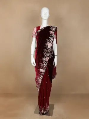 Dark Red Floral Embroidered Velvet Designer Saree