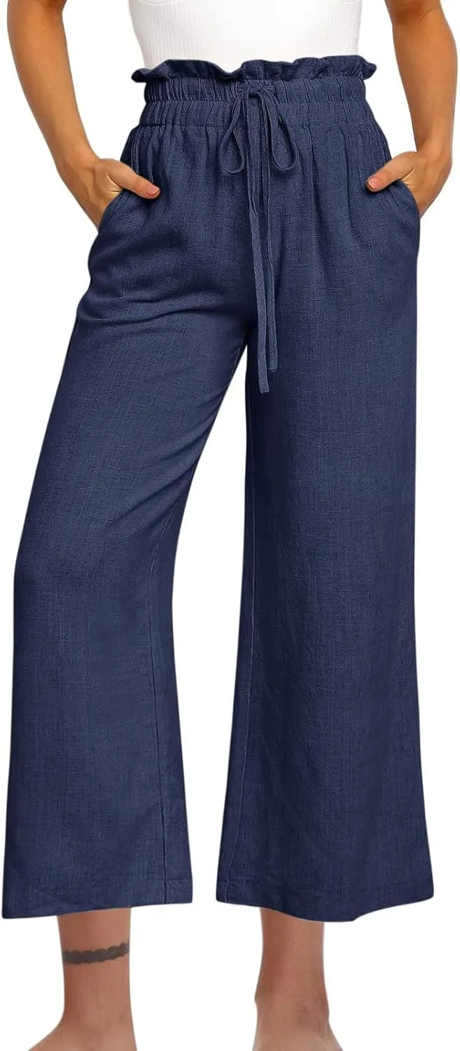 DASAYO Linen Pants Women Summer Drawstring Ruffle High Waisted Cropped Palazzo Casual Loose Wide Leg Trousers with Pockets