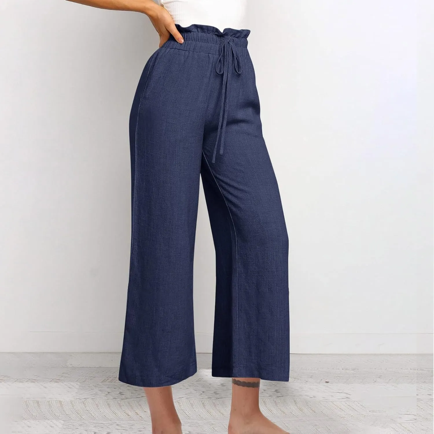 DASAYO Linen Pants Women Summer Drawstring Ruffle High Waisted Cropped Palazzo Casual Loose Wide Leg Trousers with Pockets