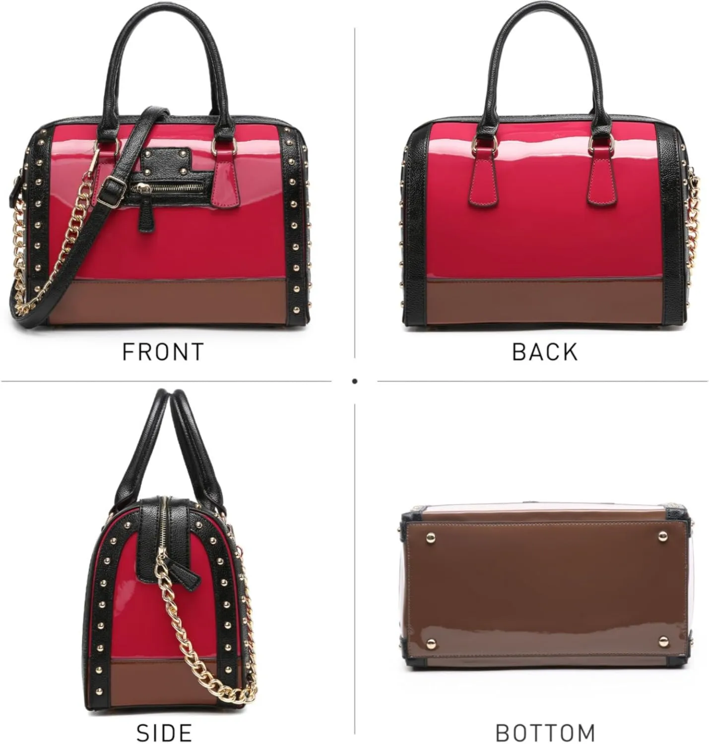 Dasein Women's Barrel Bag Shiny Patent Faux Leather Handbag with Rivet Decoration Top Handle Satchel Shoulder Purse