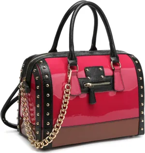 Dasein Women's Barrel Bag Shiny Patent Faux Leather Handbag with Rivet Decoration Top Handle Satchel Shoulder Purse