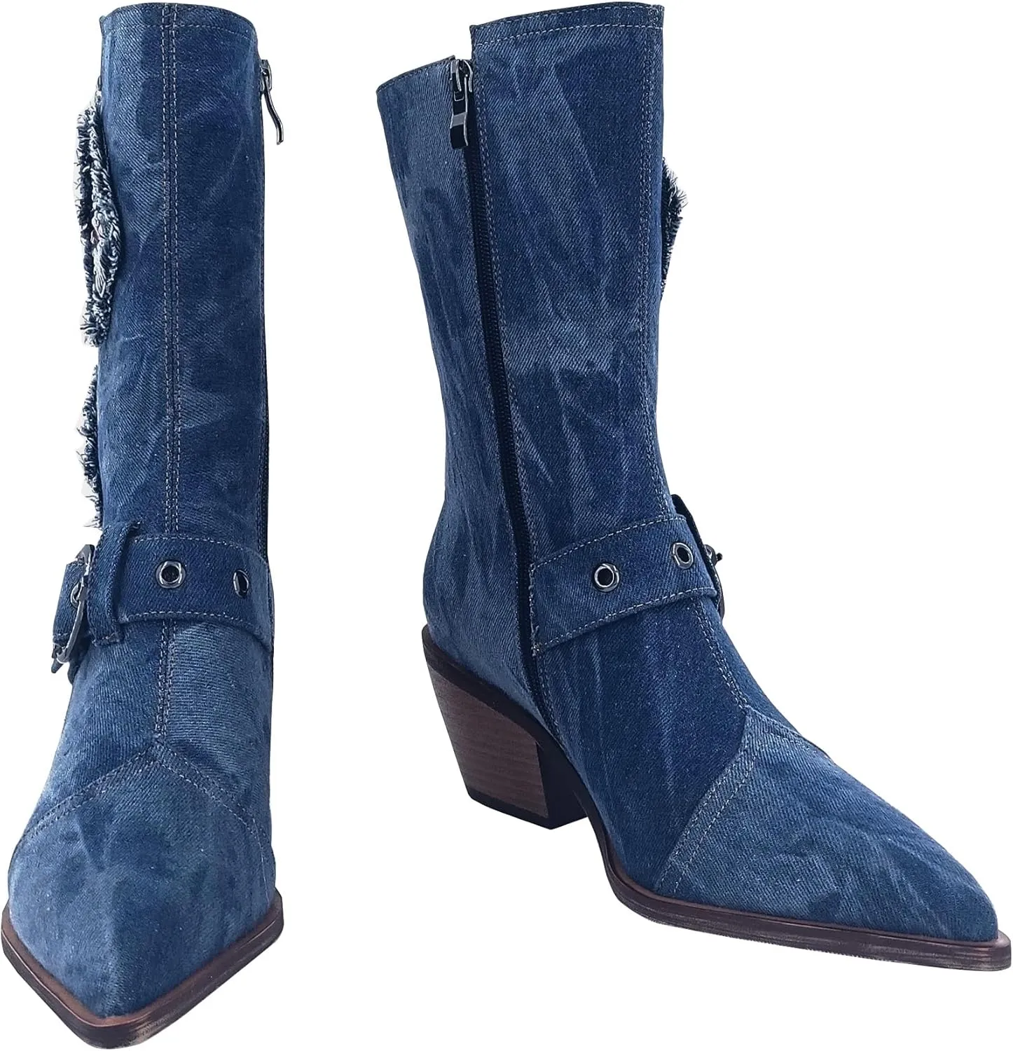 Denim Cowboy Boots for Women Western Boot Chunky Heels Wide Calf Cowgirl Mid Calf Boots