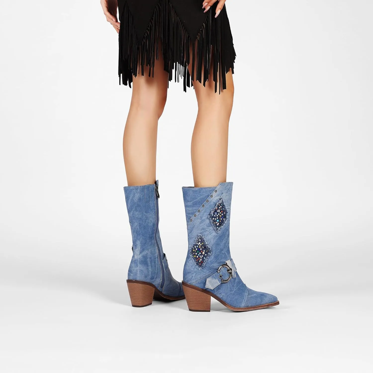 Denim Cowboy Boots for Women Western Boot Chunky Heels Wide Calf Cowgirl Mid Calf Boots