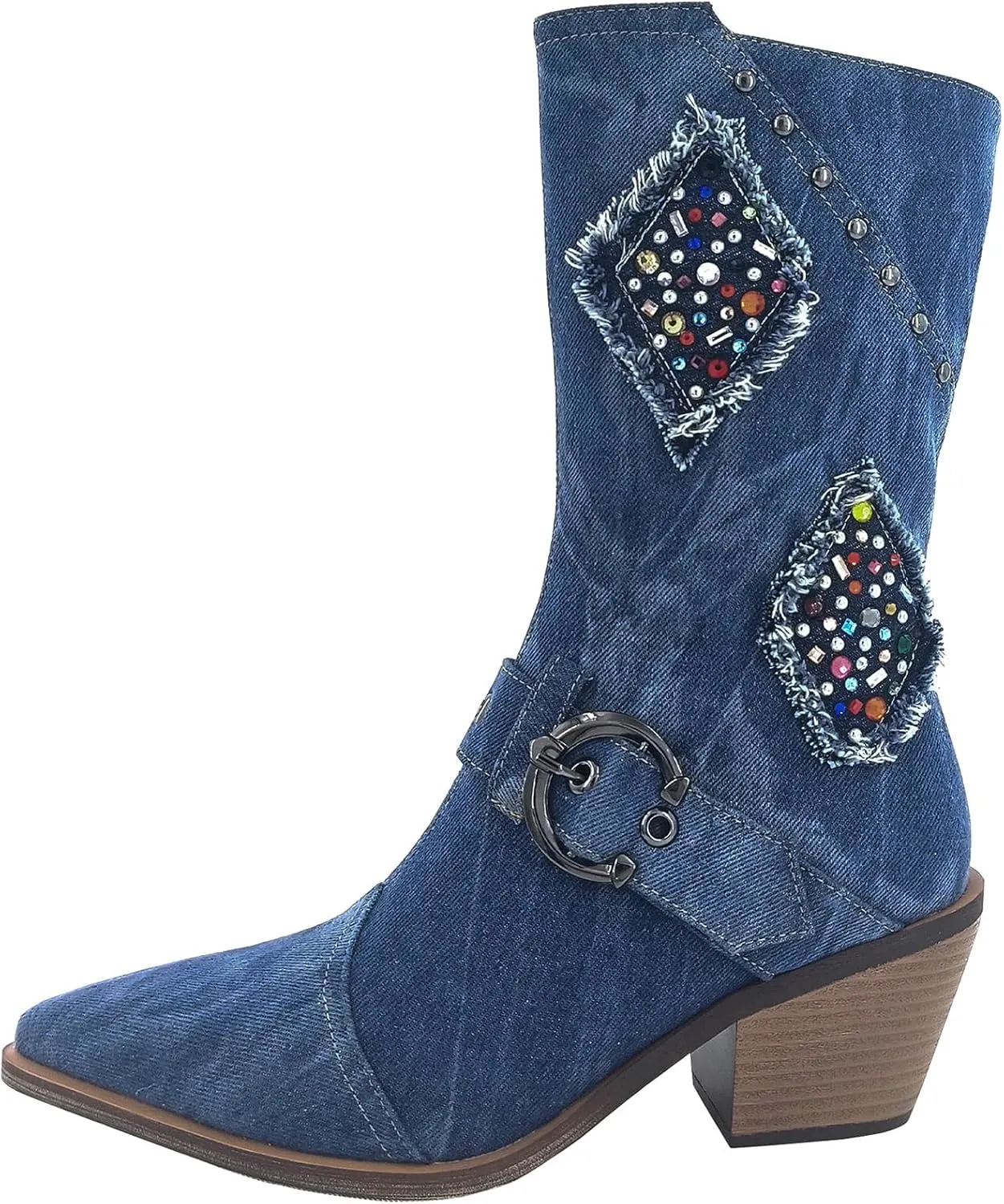 Denim Cowboy Boots for Women Western Boot Chunky Heels Wide Calf Cowgirl Mid Calf Boots