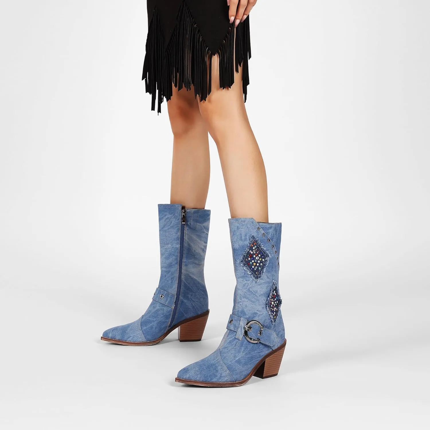 Denim Cowboy Boots for Women Western Boot Chunky Heels Wide Calf Cowgirl Mid Calf Boots