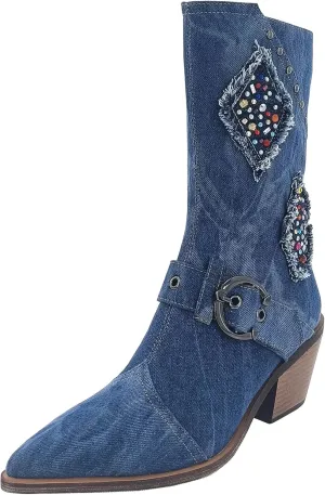 Denim Cowboy Boots for Women Western Boot Chunky Heels Wide Calf Cowgirl Mid Calf Boots