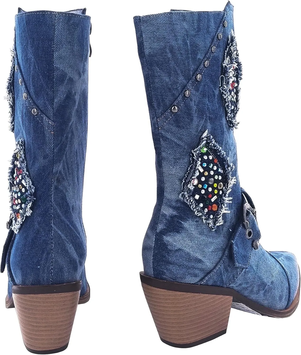 Denim Cowboy Boots for Women Western Boot Chunky Heels Wide Calf Cowgirl Mid Calf Boots