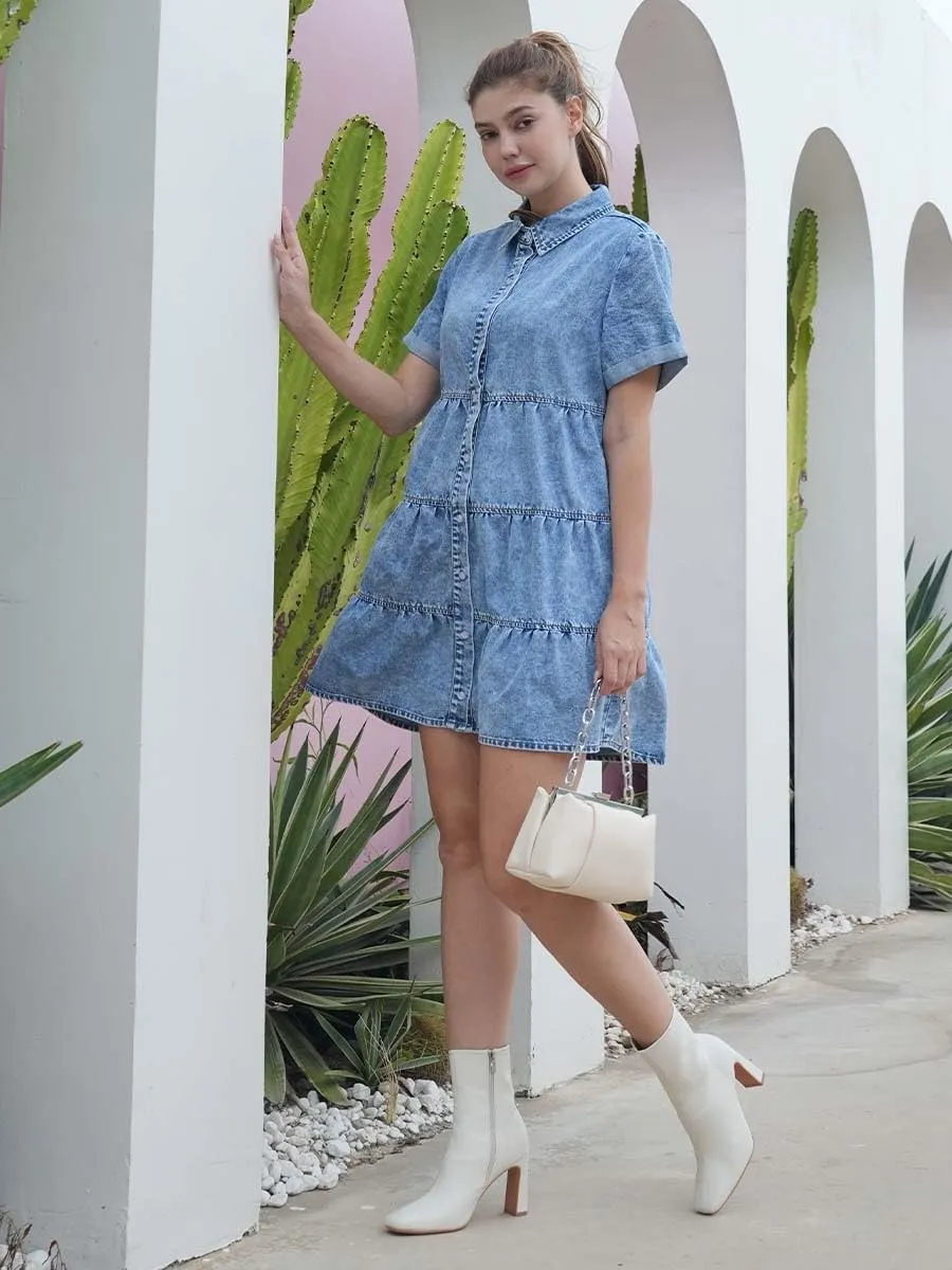 Denim Dress for Women Button Down Short Sleeves Casual Summer Jean Shirt Babydoll Denim Dress