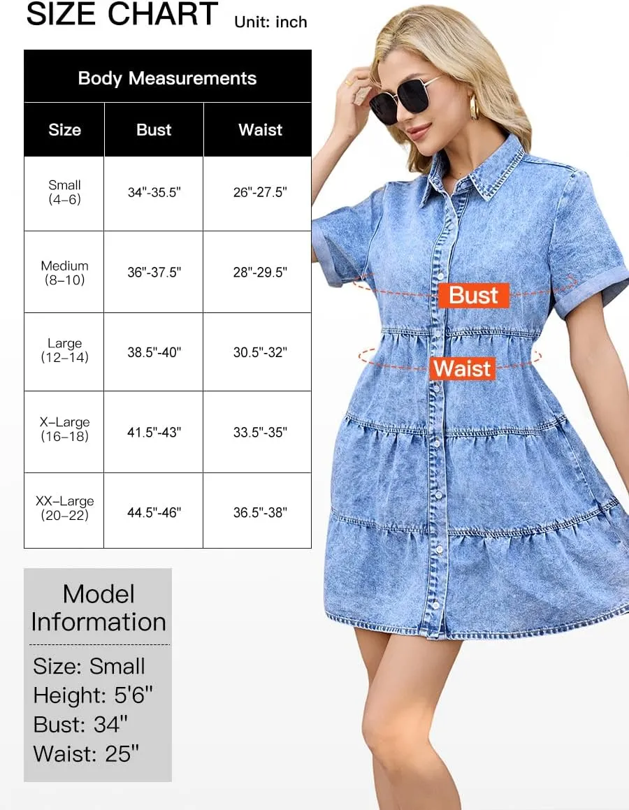 Denim Dress for Women Button Down Short Sleeves Casual Summer Jean Shirt Babydoll Denim Dress