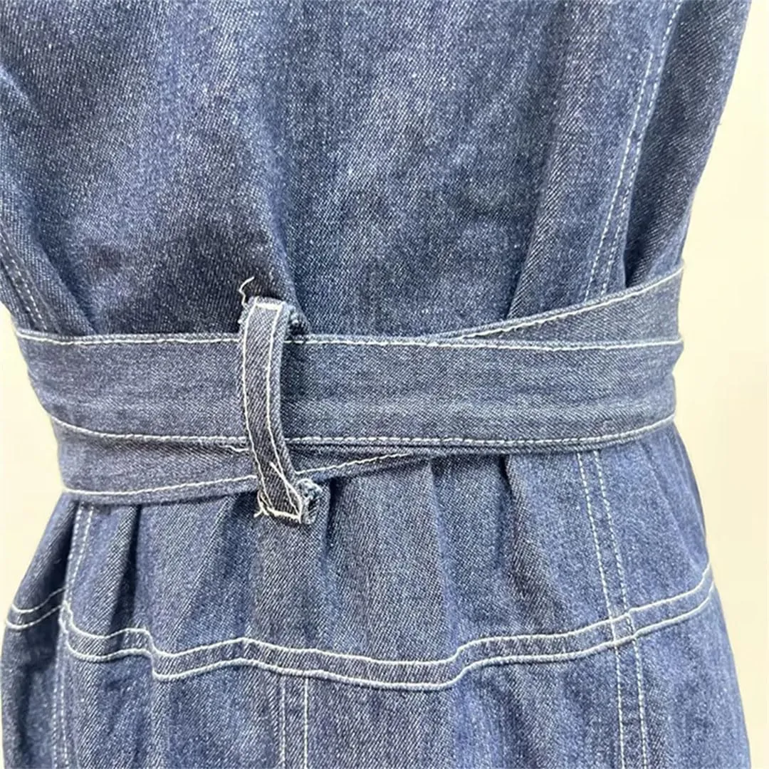 Denim Fashion Dresses for Women Square Collar Sleeveless Shoulder High Waist Tunic Solid Backless Midi Dress Female