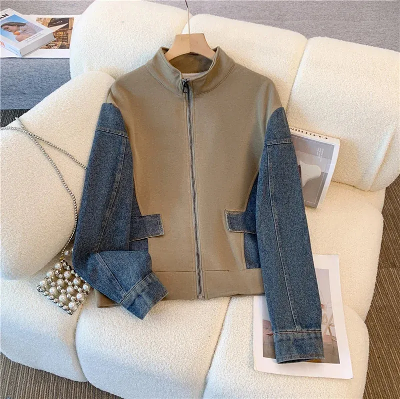Denim Pants Set: Stand Collar Patchwork Coat and Jeans