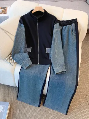 Denim Pants Set: Stand Collar Patchwork Coat and Jeans