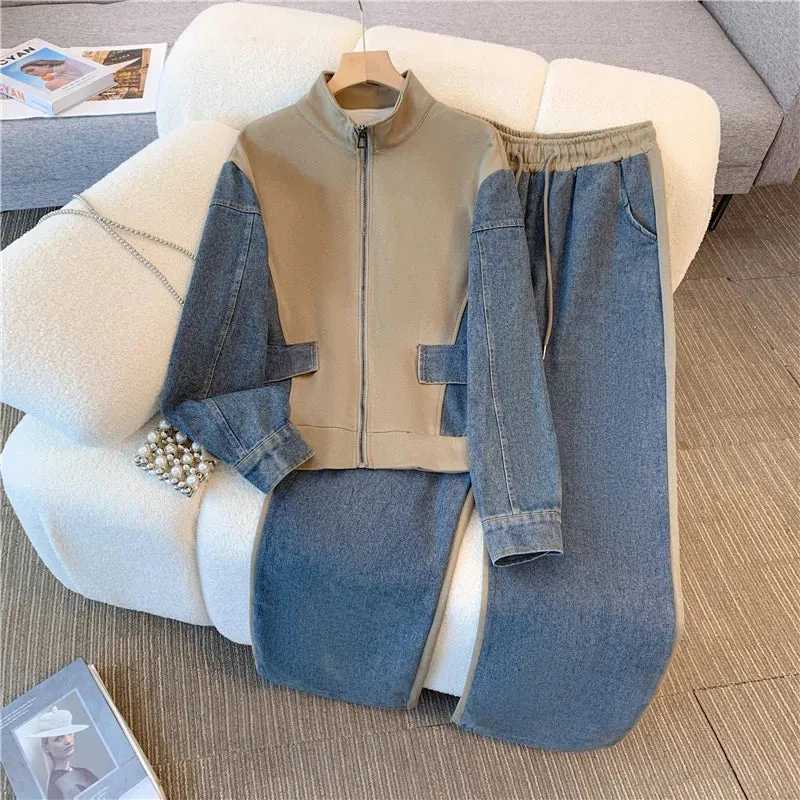 Denim Pants Set: Stand Collar Patchwork Coat and Jeans