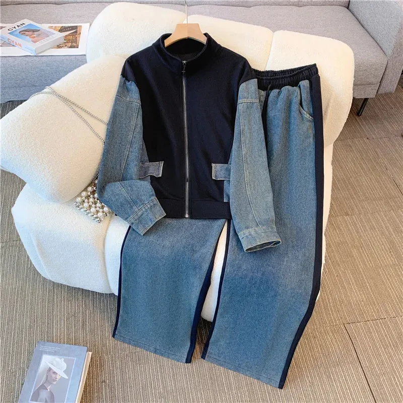 Denim Pants Set: Stand Collar Patchwork Coat and Jeans