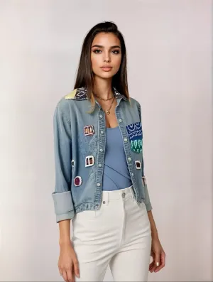 Denim patchwork embellished shirt