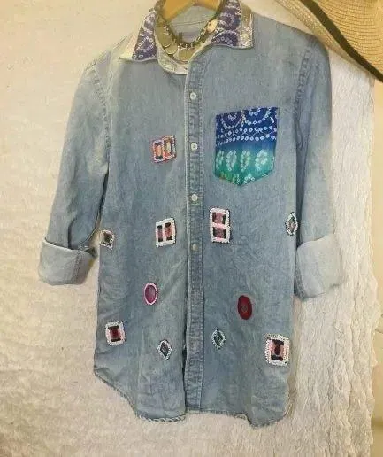Denim patchwork embellished shirt