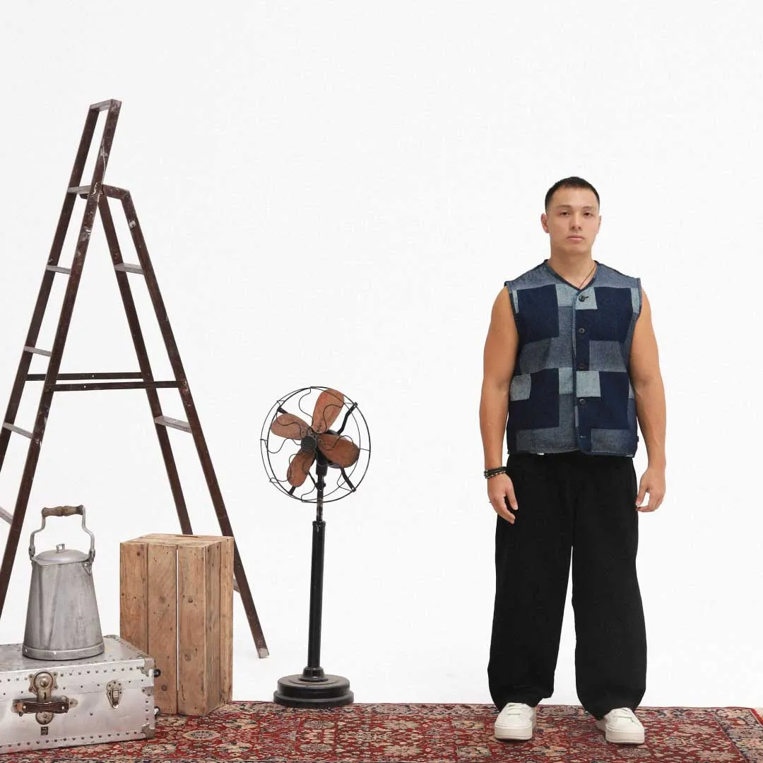 DENIM PATCHWORK VEST -DARK BLUE