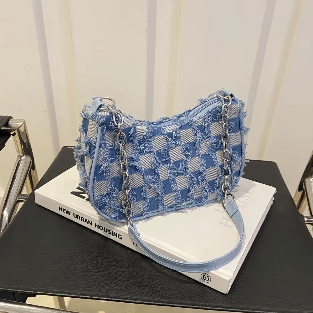 Denim Shoulder Bag for Women, Retro Checkered or Star Pattern Underarm Purse Vintage 90s Y2K Small Handbag Teen Girls