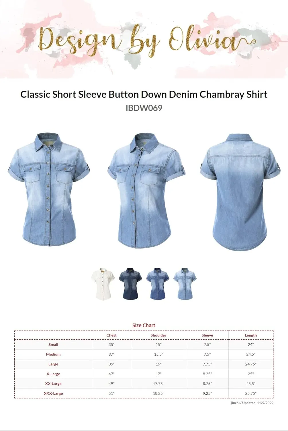 Design by Olivia Women's Cap Sleeve Button Down Denim Chambray Shirt