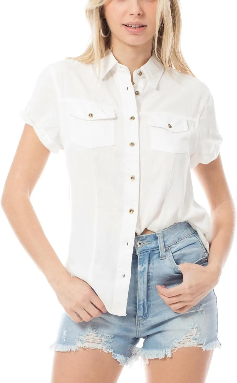 Design by Olivia Women's Cap Sleeve Button Down Denim Chambray Shirt