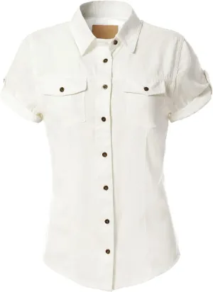 Design by Olivia Women's Cap Sleeve Button Down Denim Chambray Shirt
