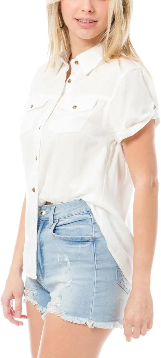 Design by Olivia Women's Cap Sleeve Button Down Denim Chambray Shirt